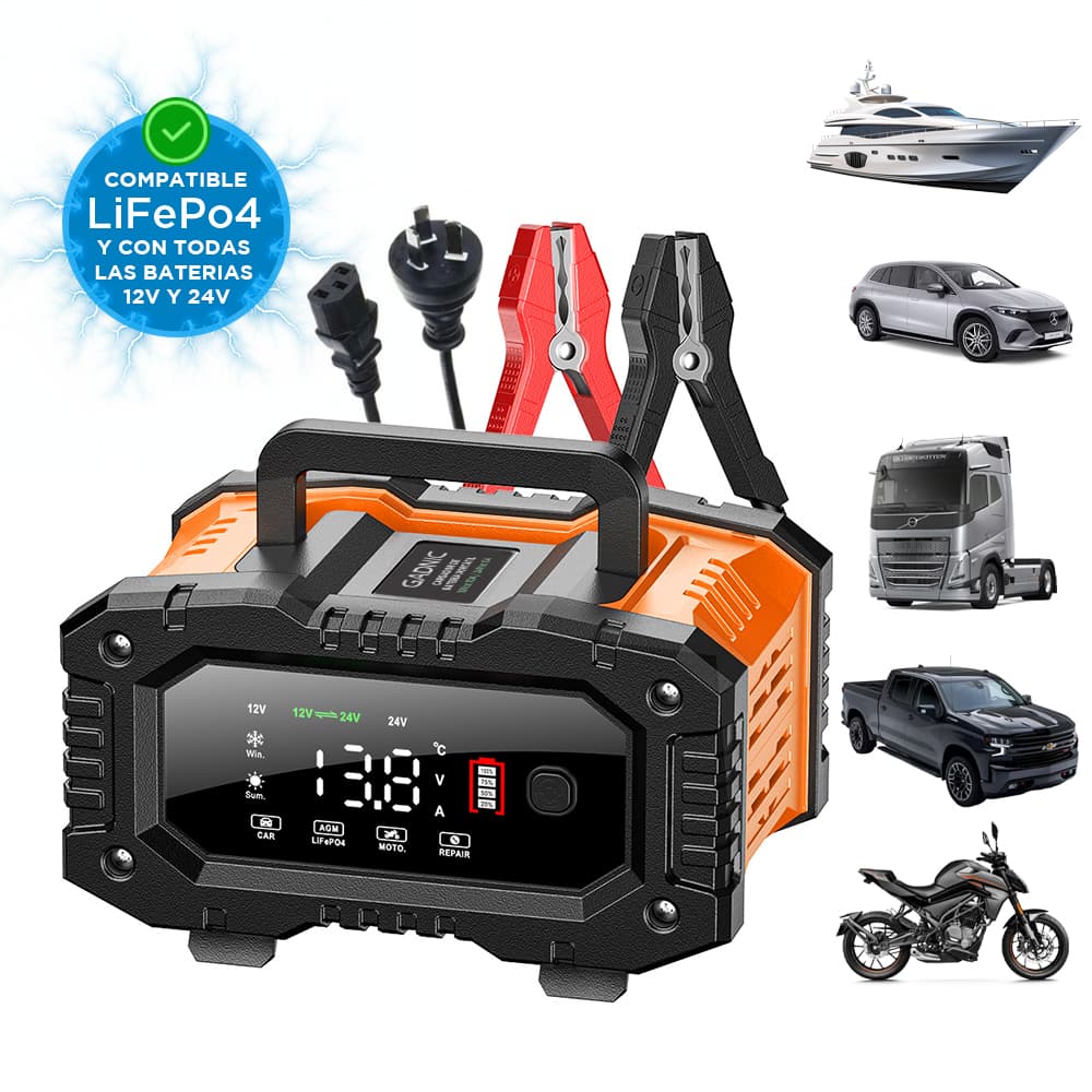 Cargador Inteligente De Batería De Autos y Motos Gadnic CBAT-Armor 12V 24V Mantenedor Portátil Apto Gel Acido LiFePo4 Outlet