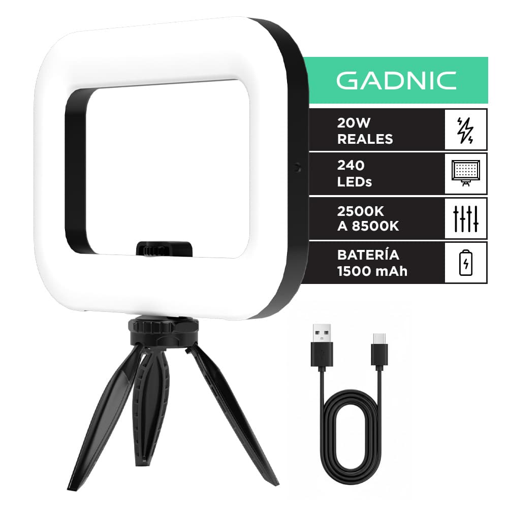 Aro De Luz Led Gadnic 20W 240 Leds 2500K A 8500K Batería 1500mAh Con Trípode Y Soporte Para Celular