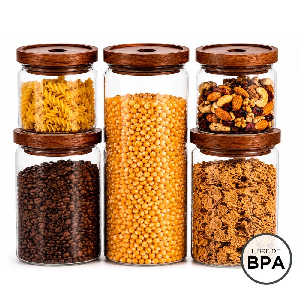Set Frascos De Vidrio Gadnic X5 Con Tapas Simil Madera Cierre Hermetico Para Cafe Azucar Cereales Y Especias