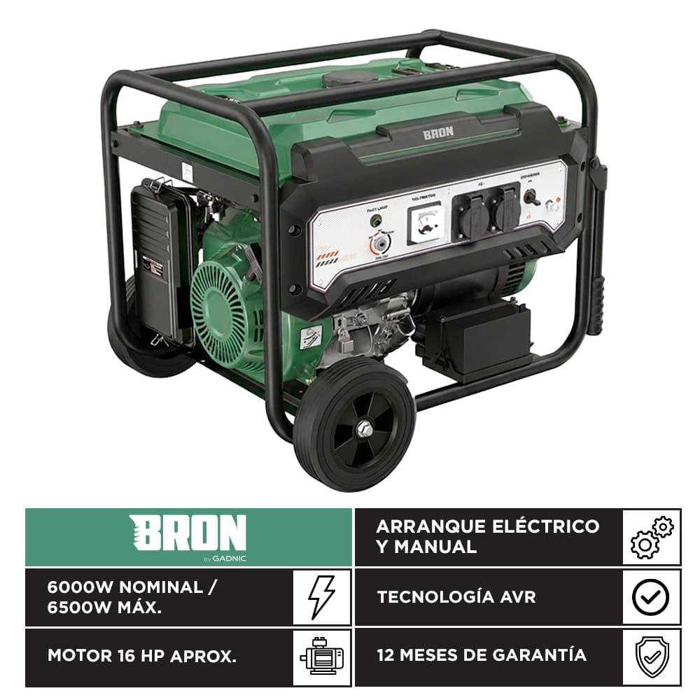 Grupo Electrógeno Generador a Nafta Bron By Gadnic 6500W Portátil Ruedas 220V Arranque Eléctrico
