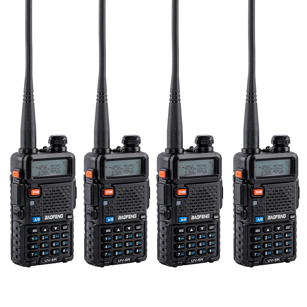 Handy Baofeng UV-5R Kit x4 Bi-Banda 5w Hasta 12km + 8 Baterías y 4 Manos Libres