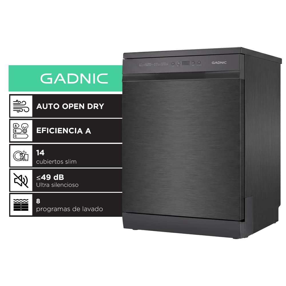 Lavavajillas Gadnic 14 Cubiertos Dark Inox 8 Programas Apertura Automatica