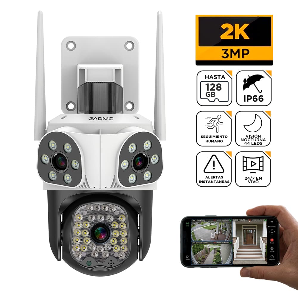 Cámara Seguridad Triple Lente Gadnic WiFi 2K 3MP PTZ Exterior 44 LEDs Visión Nocturna Color