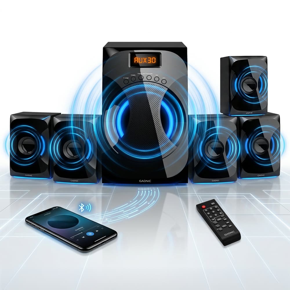 Home Theater Gadnic Sistema De Altavoces Multimedia 51 Bluetooth Con Subwoofer Amplificado 45W Control Remoto Radio FM RCA Para TV PC Y Reproductores Outlet