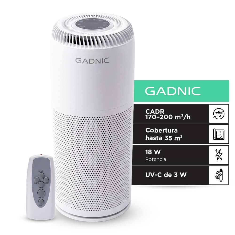 Purificador De Aire Gadnic H13 HEPA Carbon Activado UV C Anionizador 18W CADR 170 A 200m3h Hasta 35m2