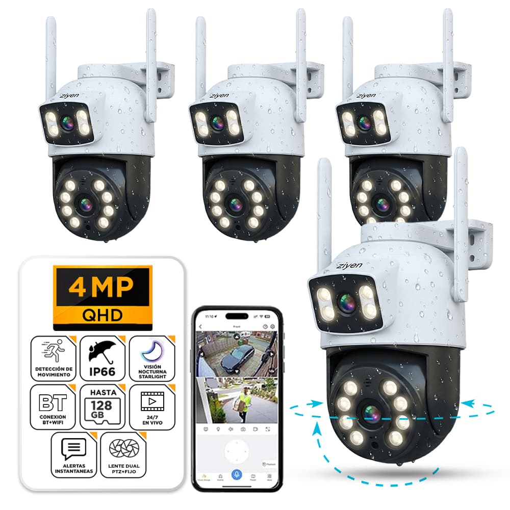 Kit X 4 Cámara de Seguridad Ziyen ZX57 Lente Dual 4MP Domo Exterior WiFi Control Por App
