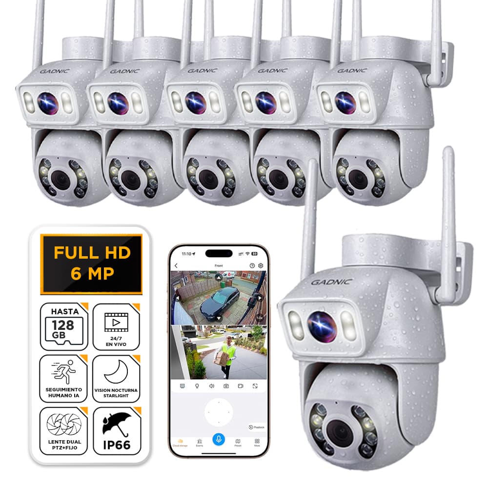 Kit x6 Cámaras de Seguridad Gadnic Doble Lente 6MP FHD Resistente Al Agua