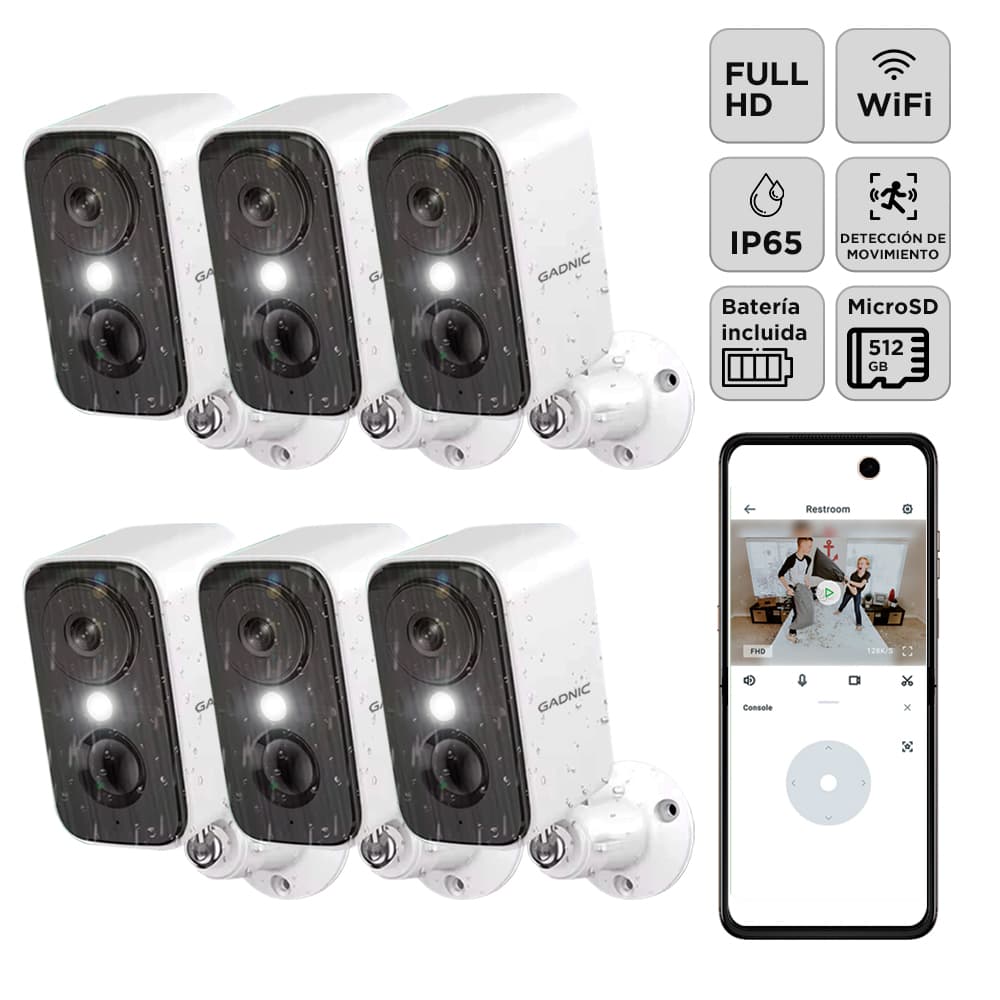 Kit x6 Camara Seguridad Gadnic Wifi Interior Exterior Full HD 1296P Vision Nocturna Audio Bidireccional App AJ Cloud IP65