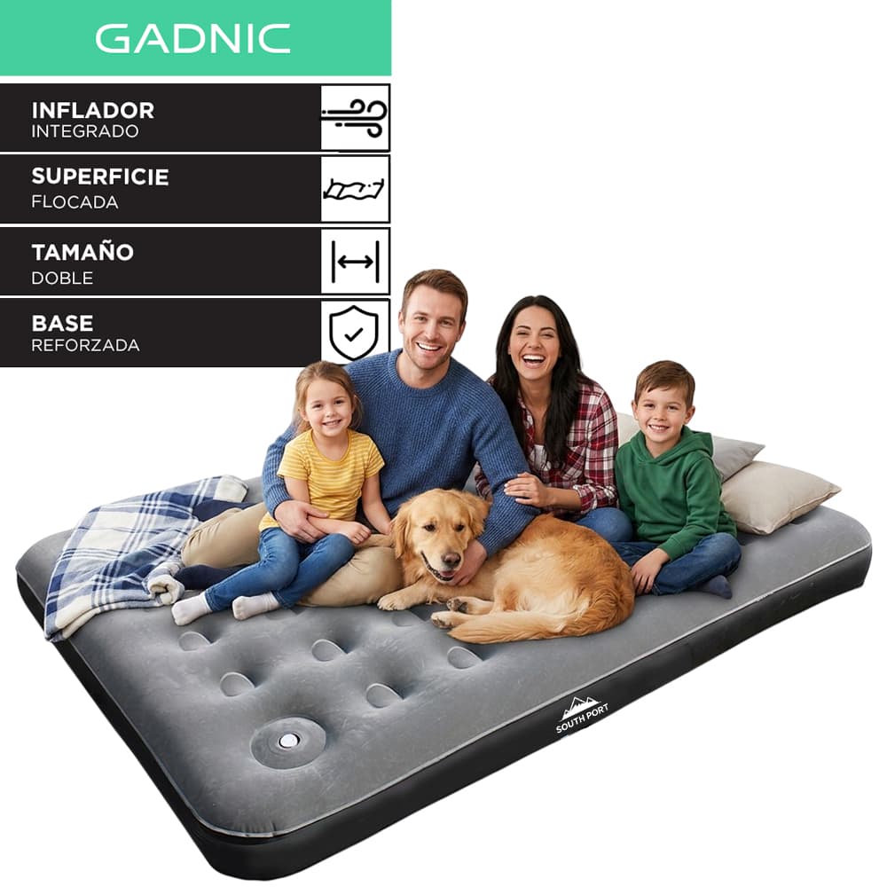 Colchon Inflable Doble Gadnic 191 x 137 x 22 cm Inflador De Pie Integrado Superficie Flocada PVC Laterales Base Reforzada