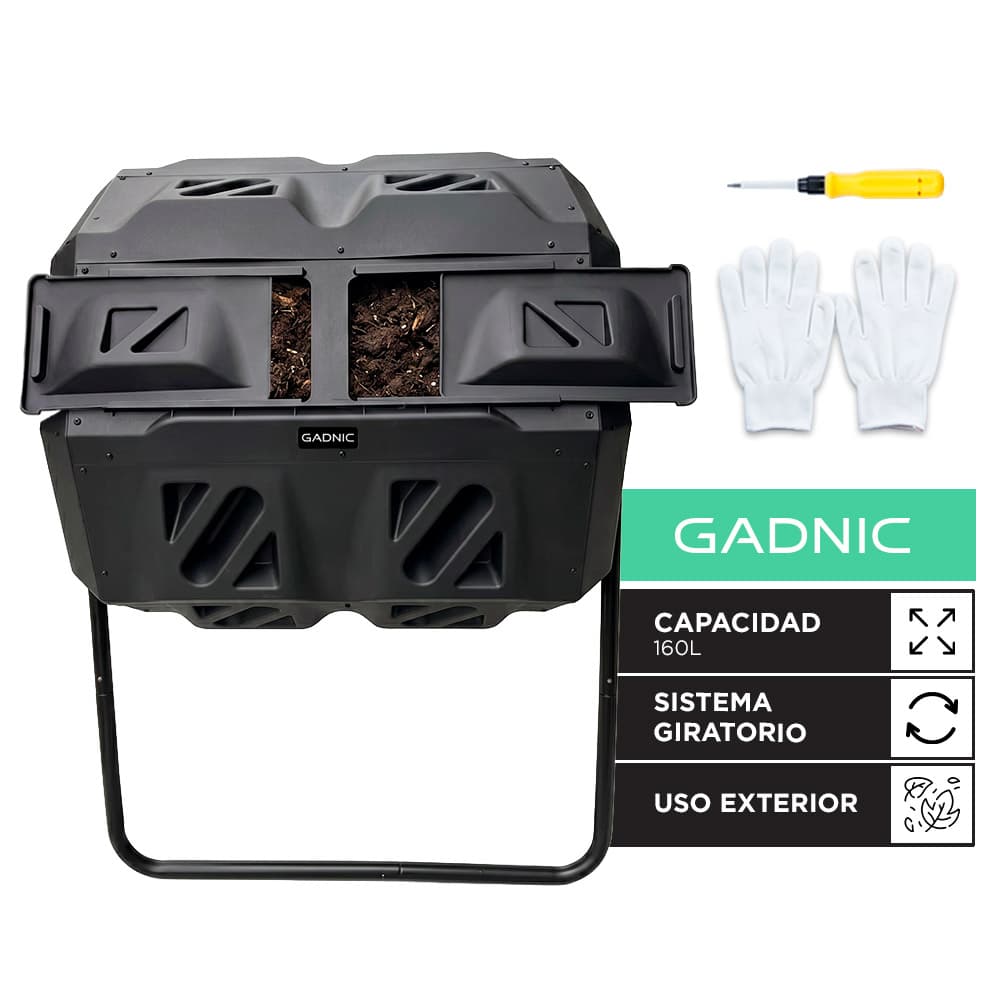 Compostera Giratoria Gadnic 160 Litros Para Jardín Exterior Doble Cámara
