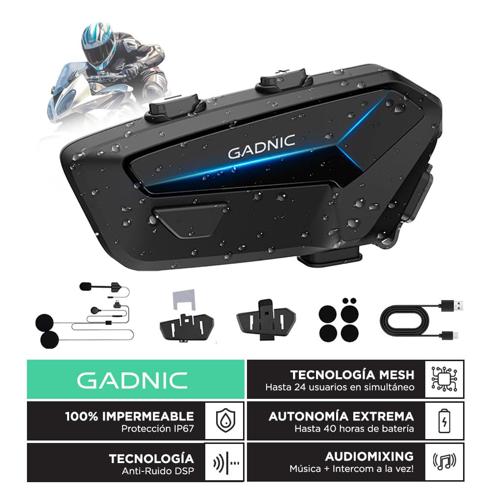 Intercomunicador De Moto Gadnic M7 Casco 24 pilotos MESH BT IP67 Cancelación DSP