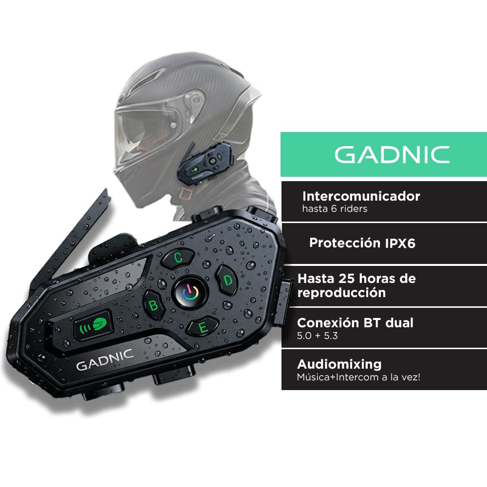 Intercomunicador Para Moto Gadnic BT Para 6 Riders IPX6 Casco Hasta 500M