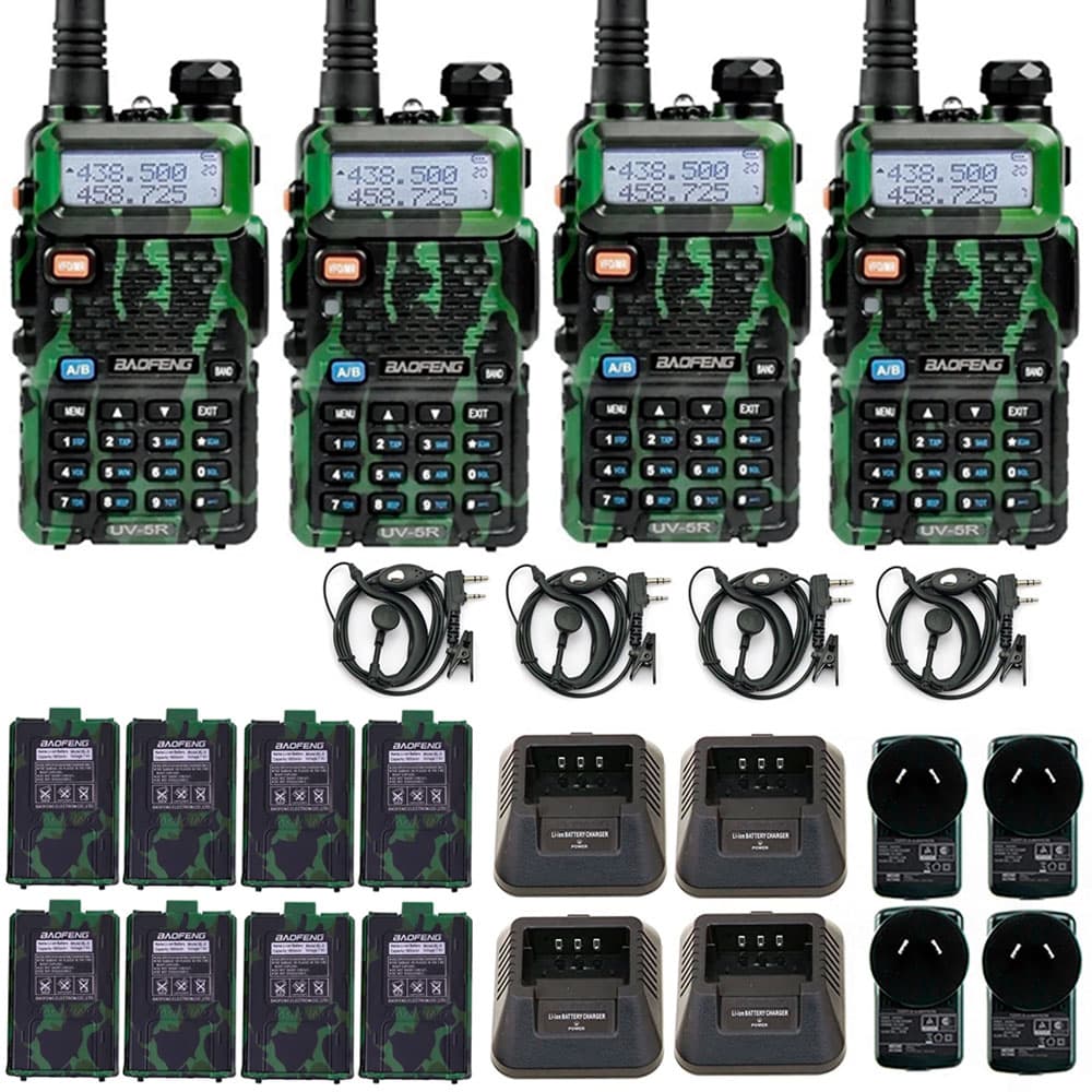 Handy Baofeng UV-5R 8w Camuflado Bi-Banda Kit x4 Hasta 12km + 8 Baterías y 4 Manos Libres