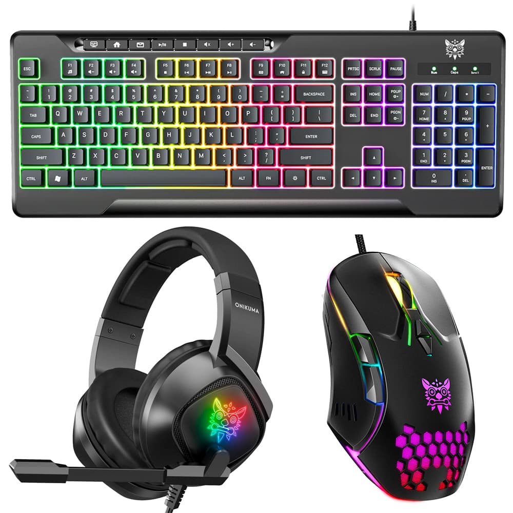 Kit Auriculares Gamer K19 Con Luz RGB + Mouse Gamer CW902 + Teclado Retroiluminado Onikuma