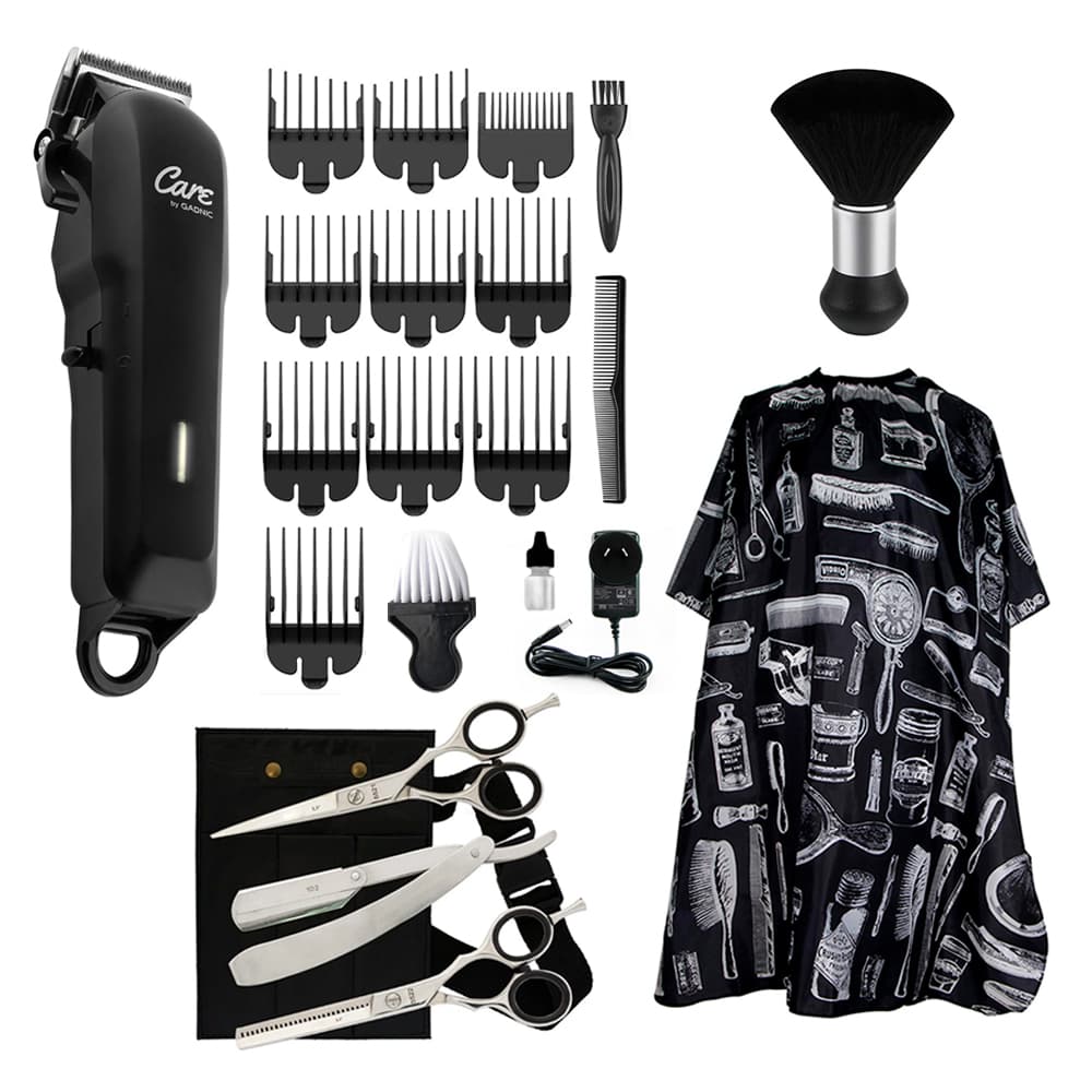 Set Peluquería Tijera de Pulir Navaja + Capa de peluquería + Brocha + Cortadora de Pelo Recargable