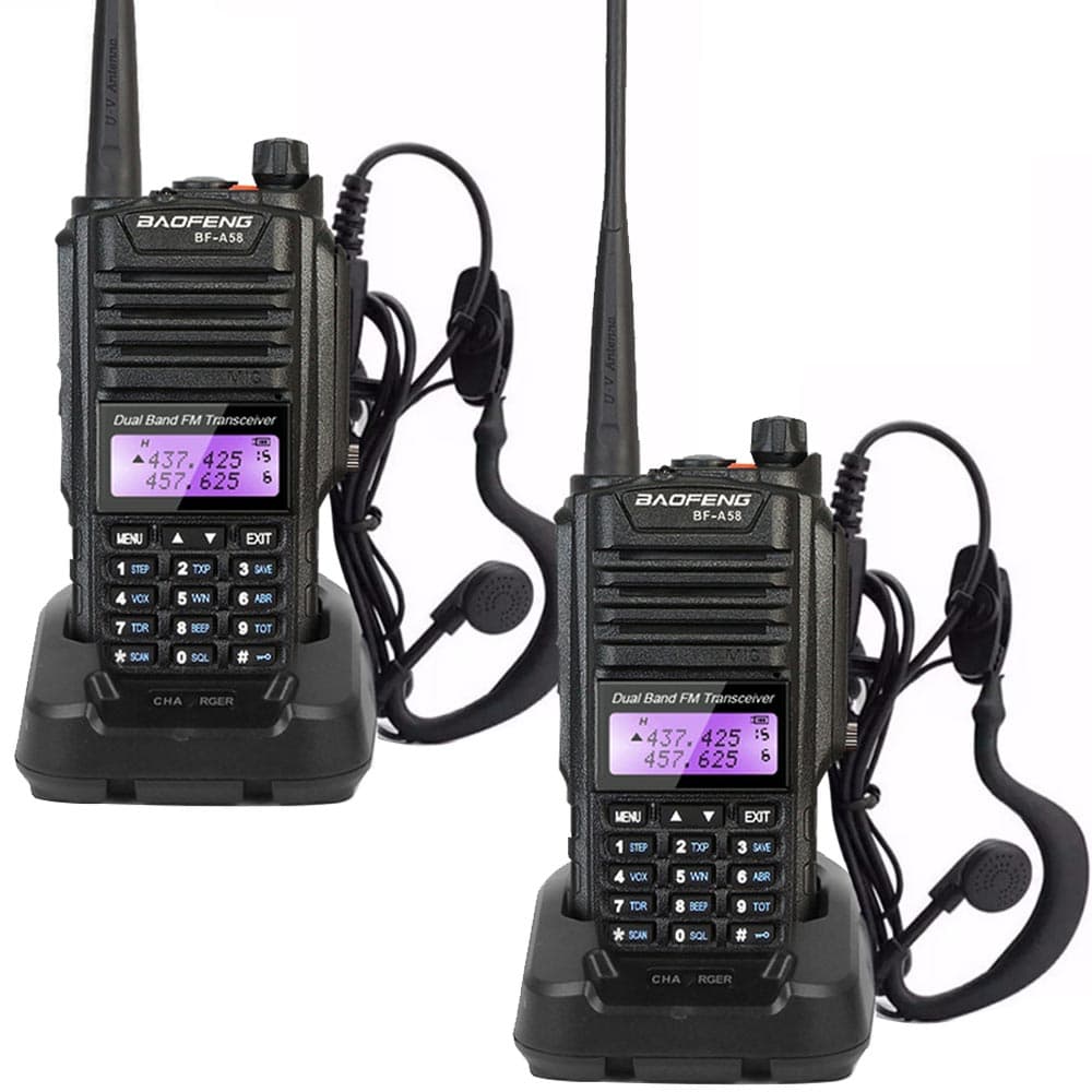 Handy Baofeng A-58 Kit x2 Bi-Banda 5w 128CH Hasta 12km + 4 Baterías y 2 Manos Libres