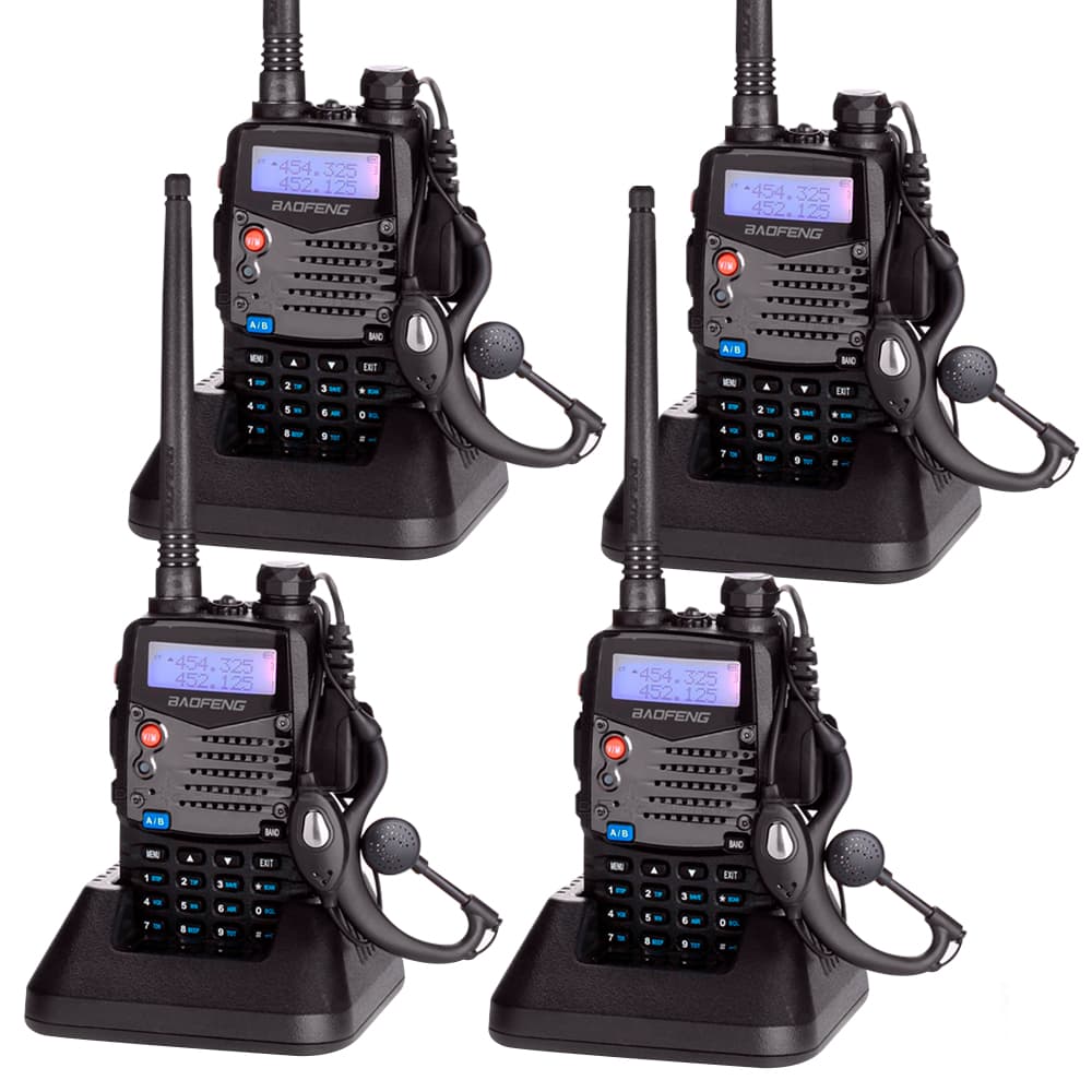 Handy Baofeng UV-5RA Kit x4 Bi-Banda 5w 128CH Hasta 10km + 8 Baterías y 4 Manos Libres