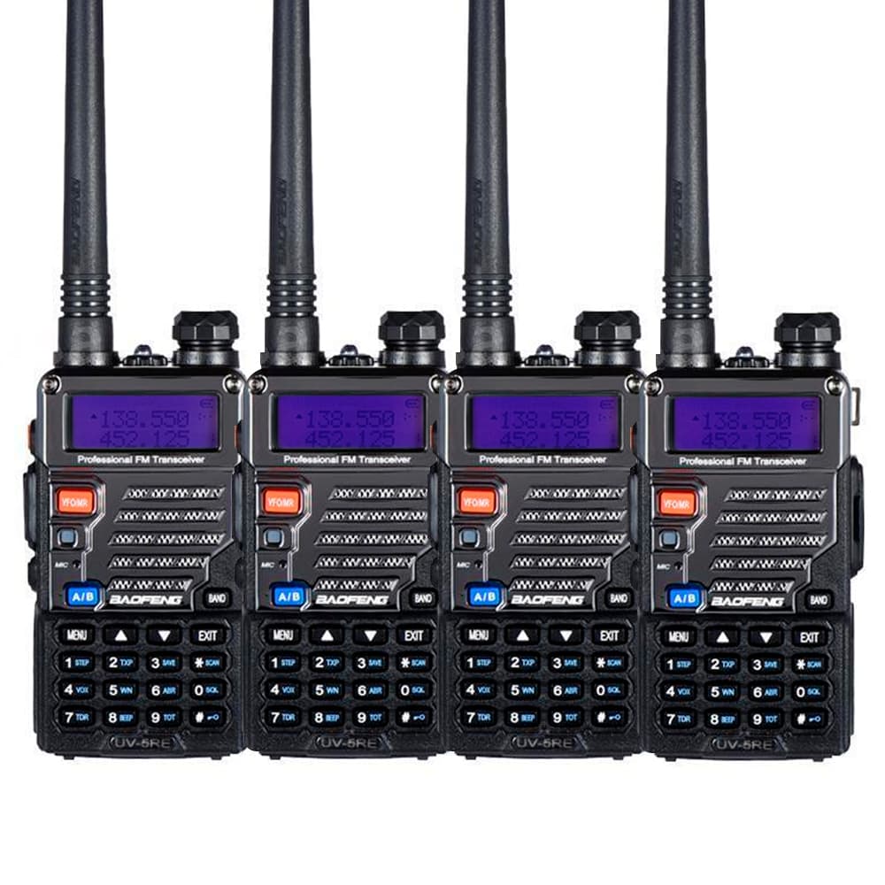 Handy Baofeng UV-5RE Kit x4 Bi-Banda 5w 128CH Hasta 10km + 8 Baterías y 4 Manos Libres