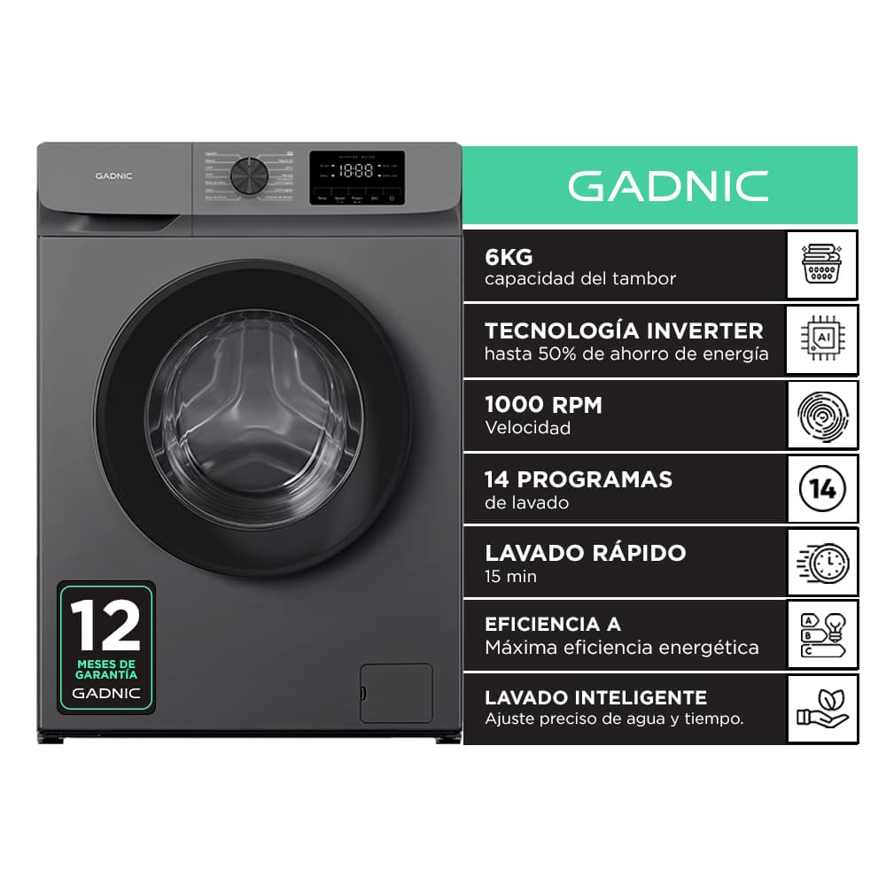 Lavarropas Gadnic 6 kg 1000 RPM 14 Programas 1850W Clase A Gris Usado