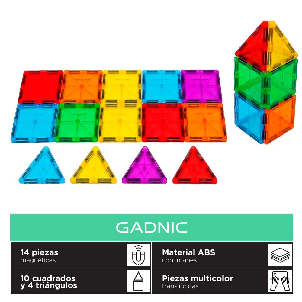 Bloques Magnéticos De Construcción Gadnic 14 Piezas ABS Con Imanes Multicolor 10 Cuadrados 4 Triángulos