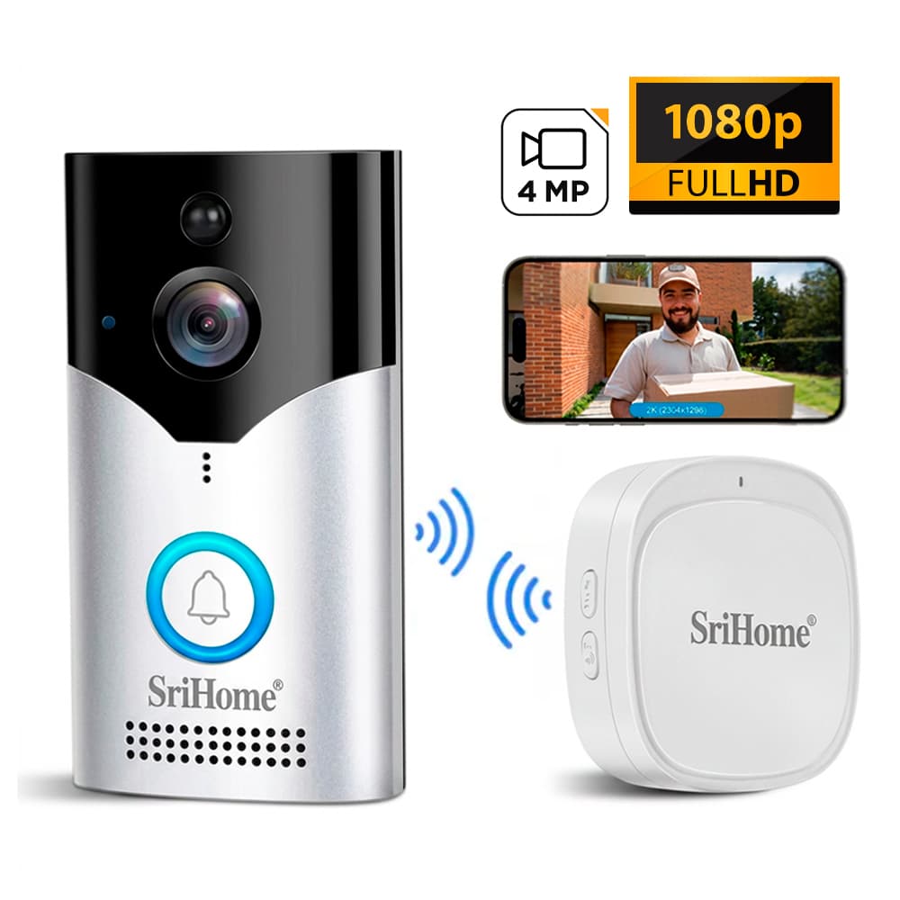 Timbre Inteligente Inalambrico Srihome DH002 4MP Wifi Con Camara HD Vision Nocturna Audio Bidireccional Sensor PIR Bateria 5200mAh Y DingDong Incluido