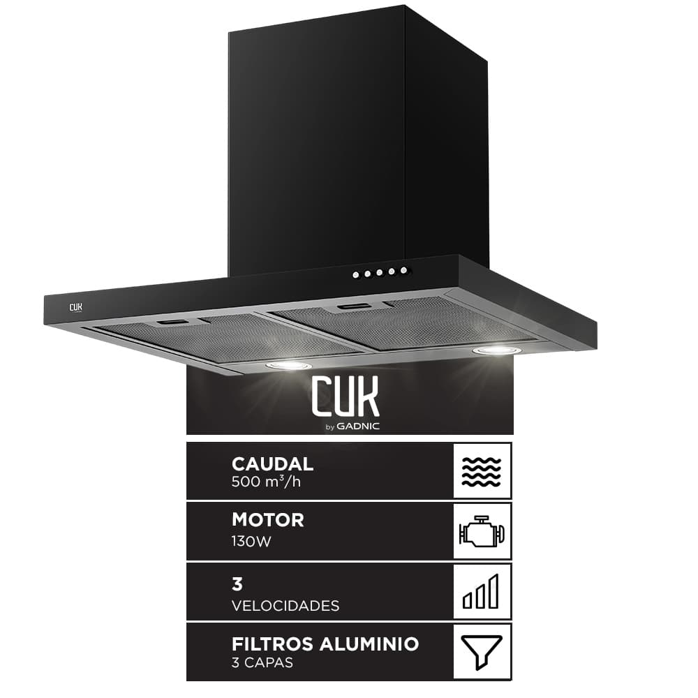 Campana Extractora CUK By Gadnic 60 cm 130W Caudal 500 m3h Acero Laminado Pintura Negra 3 Velocidades Luz LED Dual Filtros Aluminio 3 Capas Salida 150 mm Conducto Incluido